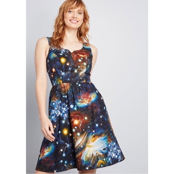 Modcloth Rockabilly Blue Galaxy Solar System Fit Flare Sleeveless Dress Size XS - Picture 1 of 10
